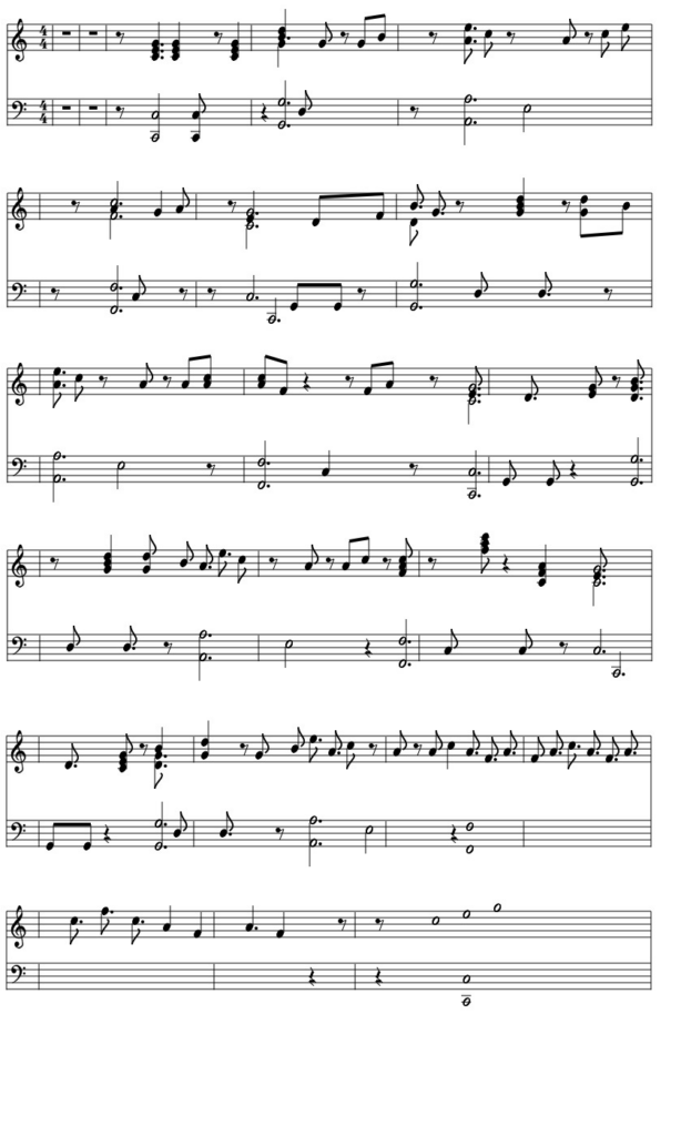 Sheet music representing what I was able to play from learning piano with chords.